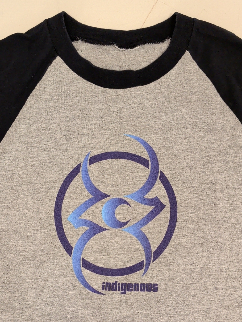 Vintage Indigenous Band Grey Tee with Black Arms Native Graphic 90s Rave Rock